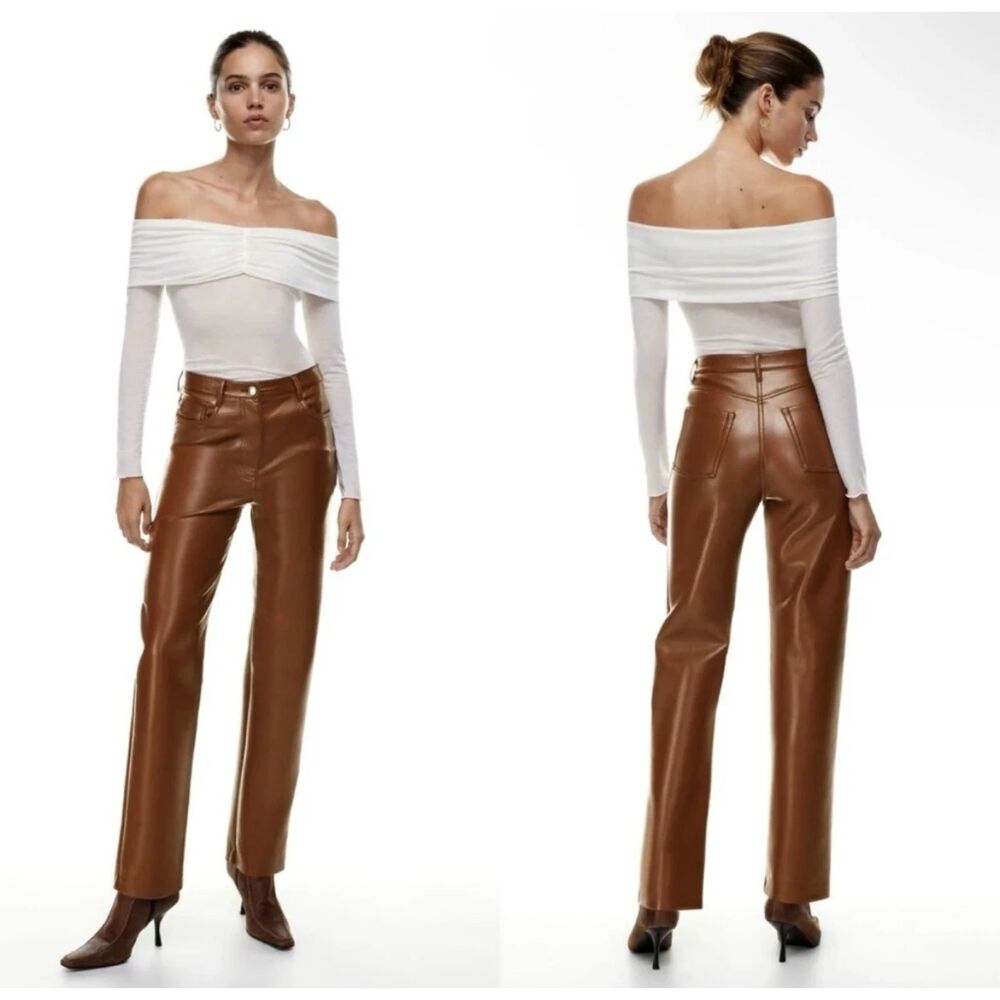 Aritzia Wilfred Faux Leather Melina Pants Vegan Cognac Brown Straight Leg Size 0